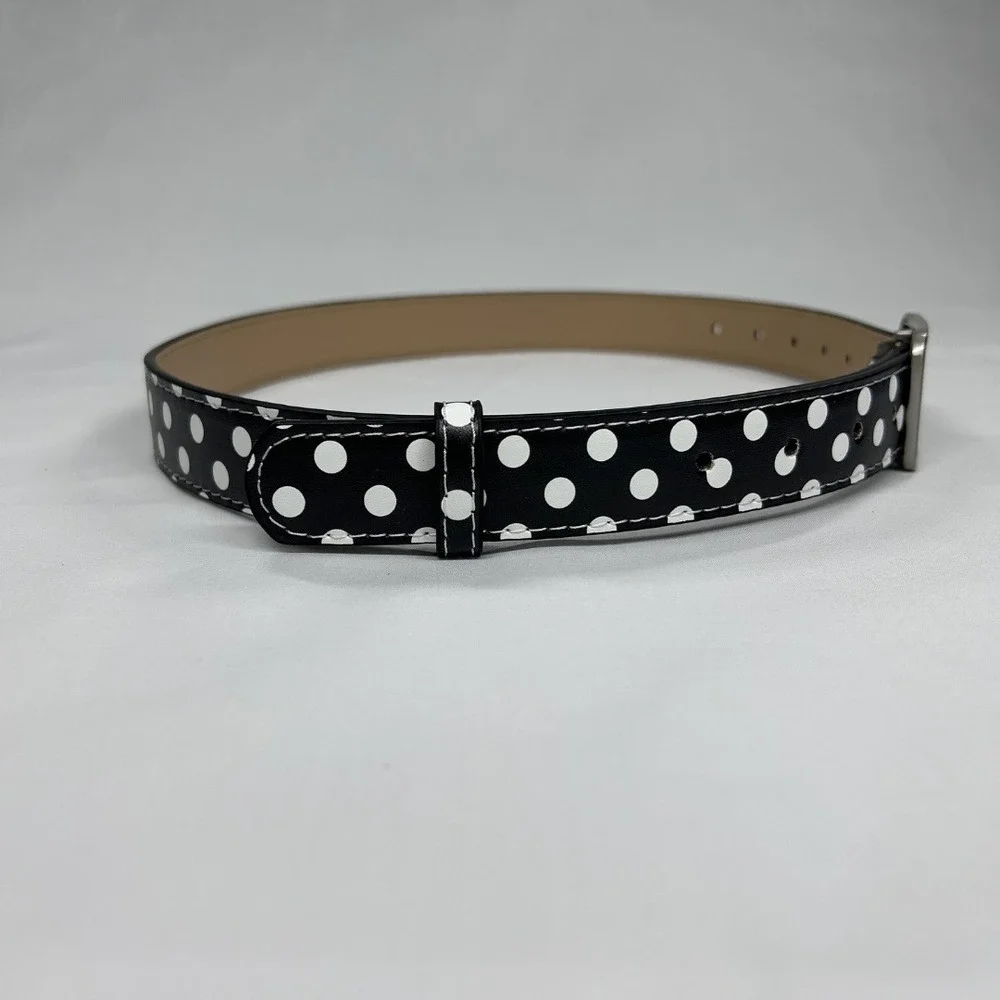 Vintage Retro Black and White Polka Dot Faux Leather Belt Silver Buckle